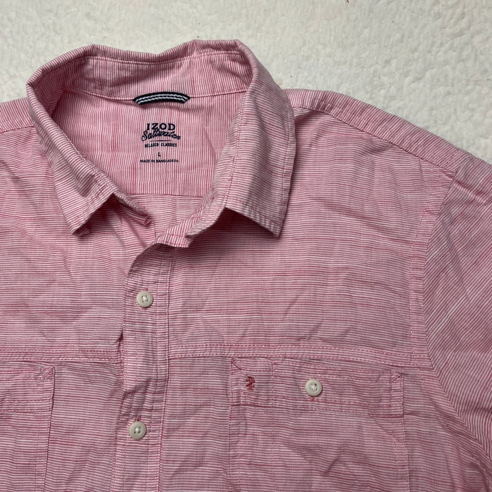 IZOD Button Down Shirt Mens L Pink Saltwater Relaxed Classics Striped